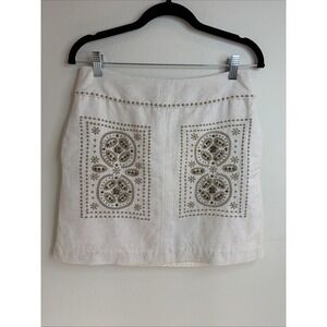 Anthropologie Cream Mini Skirt with Gold Embroidery